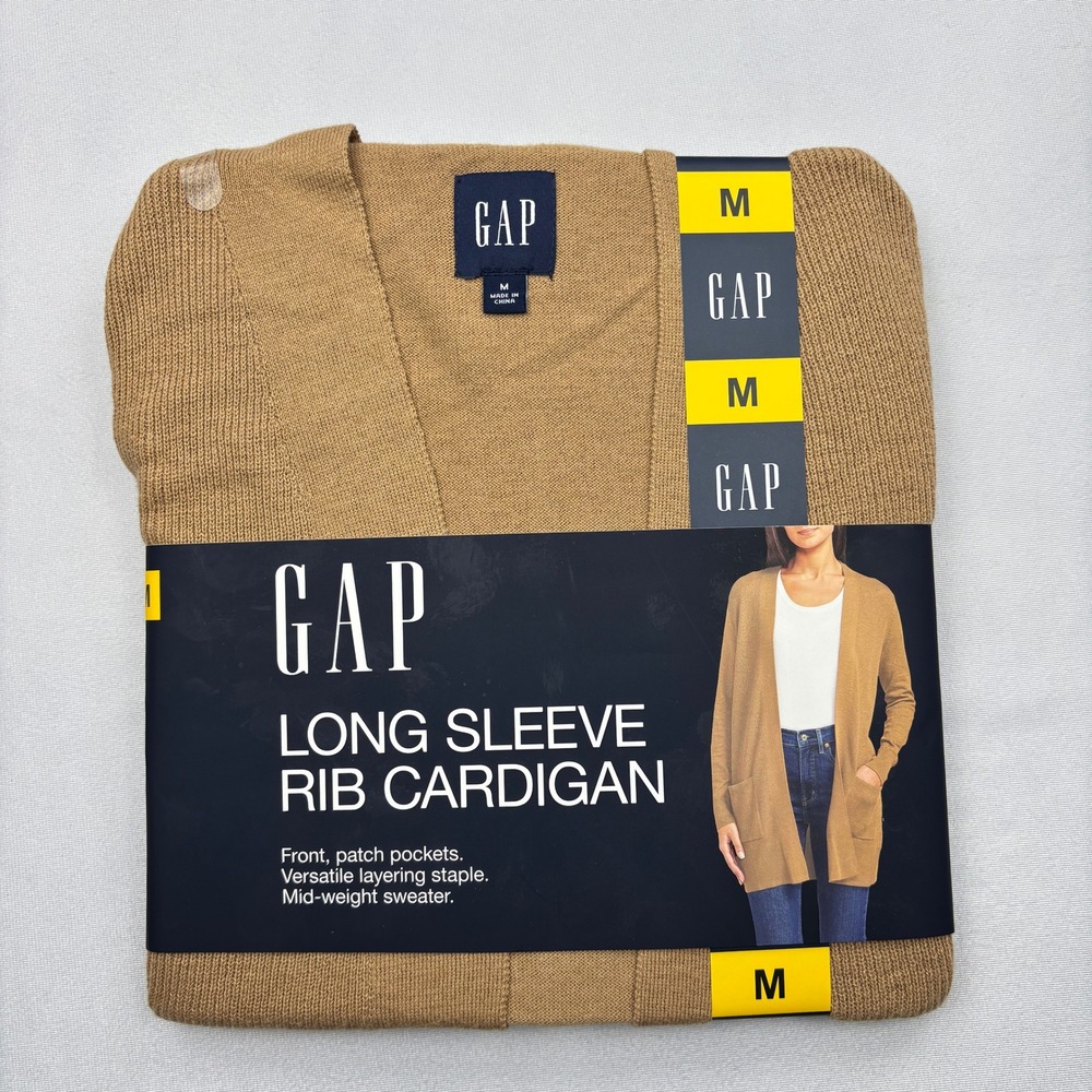NIP GAP Womens‎ Medium Tan Camel Long Sleeve Rib Cardigan Sweater GP001654 NEW